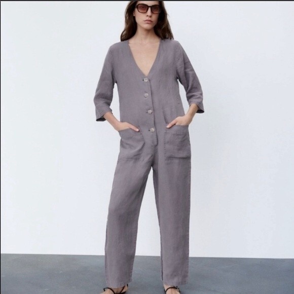 Zara Gray Lillian Linen Button Front Romper/Jumpsuit NWT - Picture 1 of 14